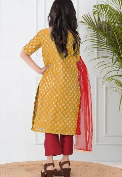 Woven Chanderi Silk Pakistani Suit in Mustard