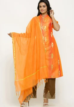 Woven Chanderi Silk Pakistani Suit in Shaded Orange