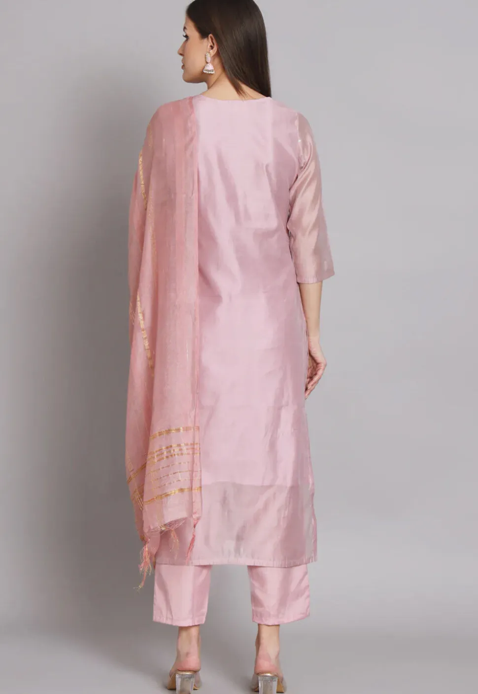 Woven Chanderi Silk Pakistani Suit in Pink
