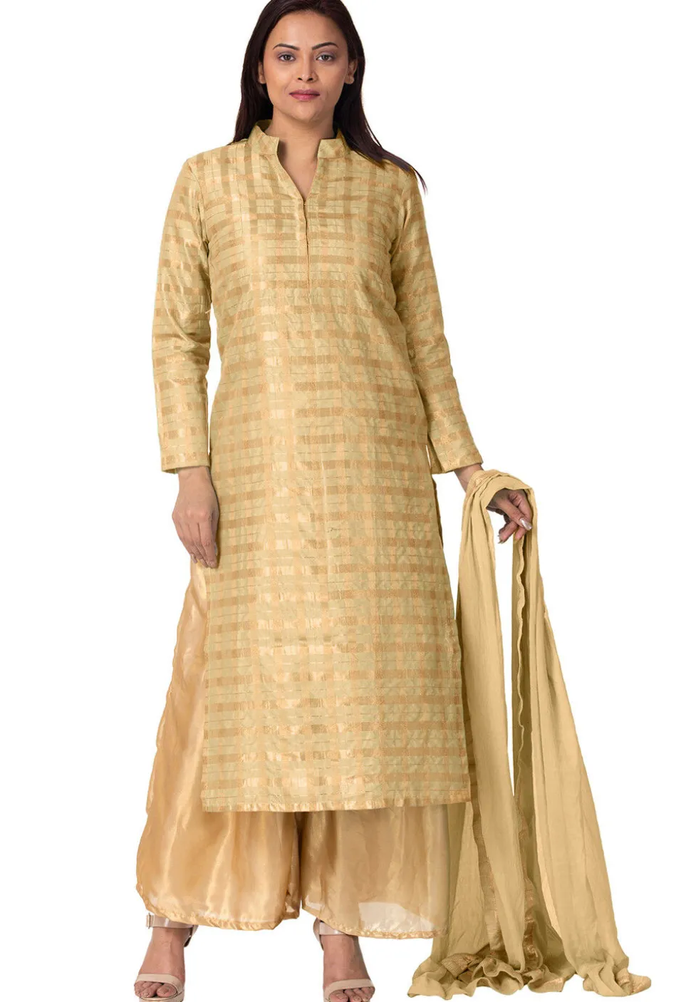 Woven Chanderi Silk Pakistani Suit in Beige