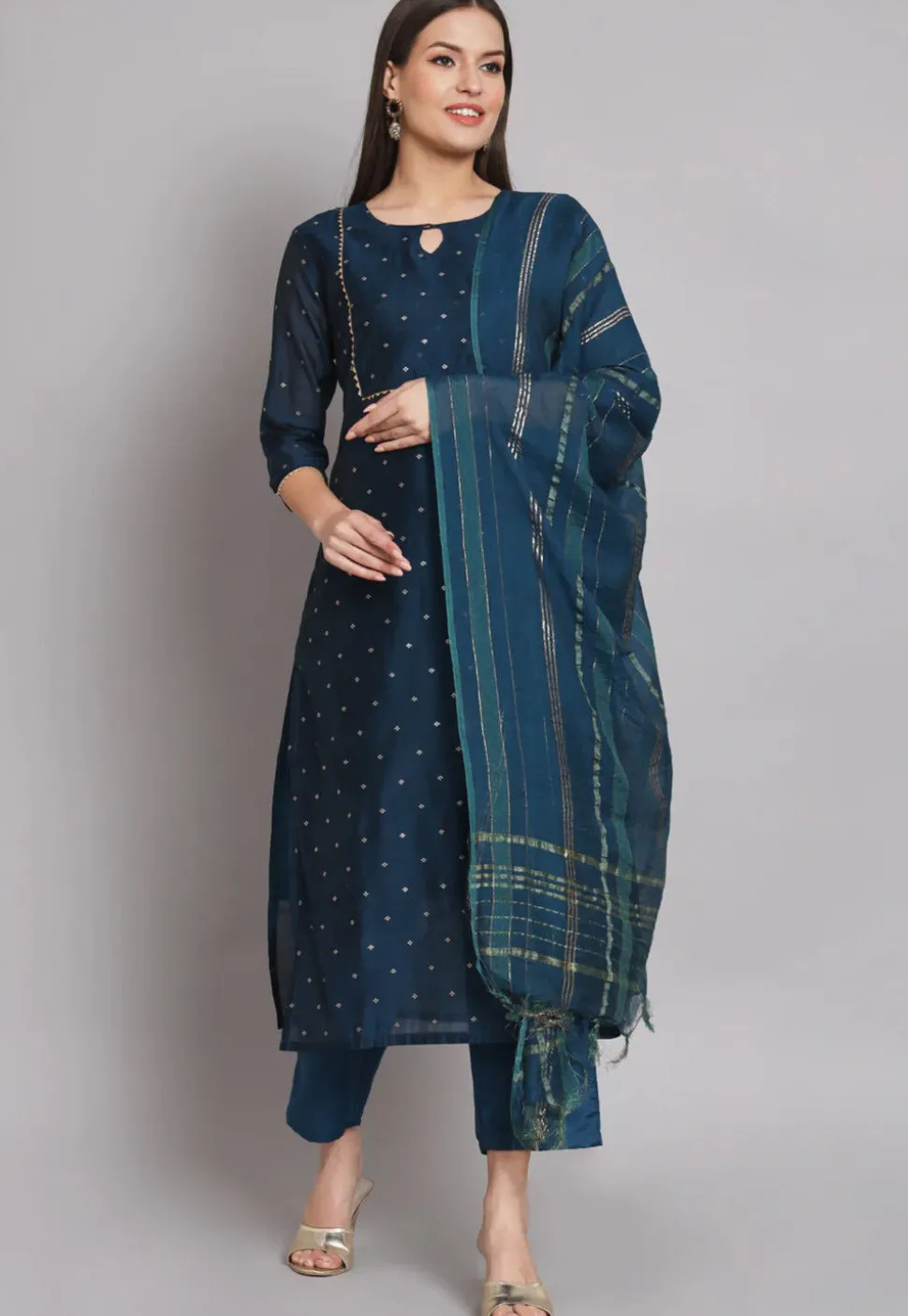 Woven Chanderi Silk Pakistani Suit in Teal Blue