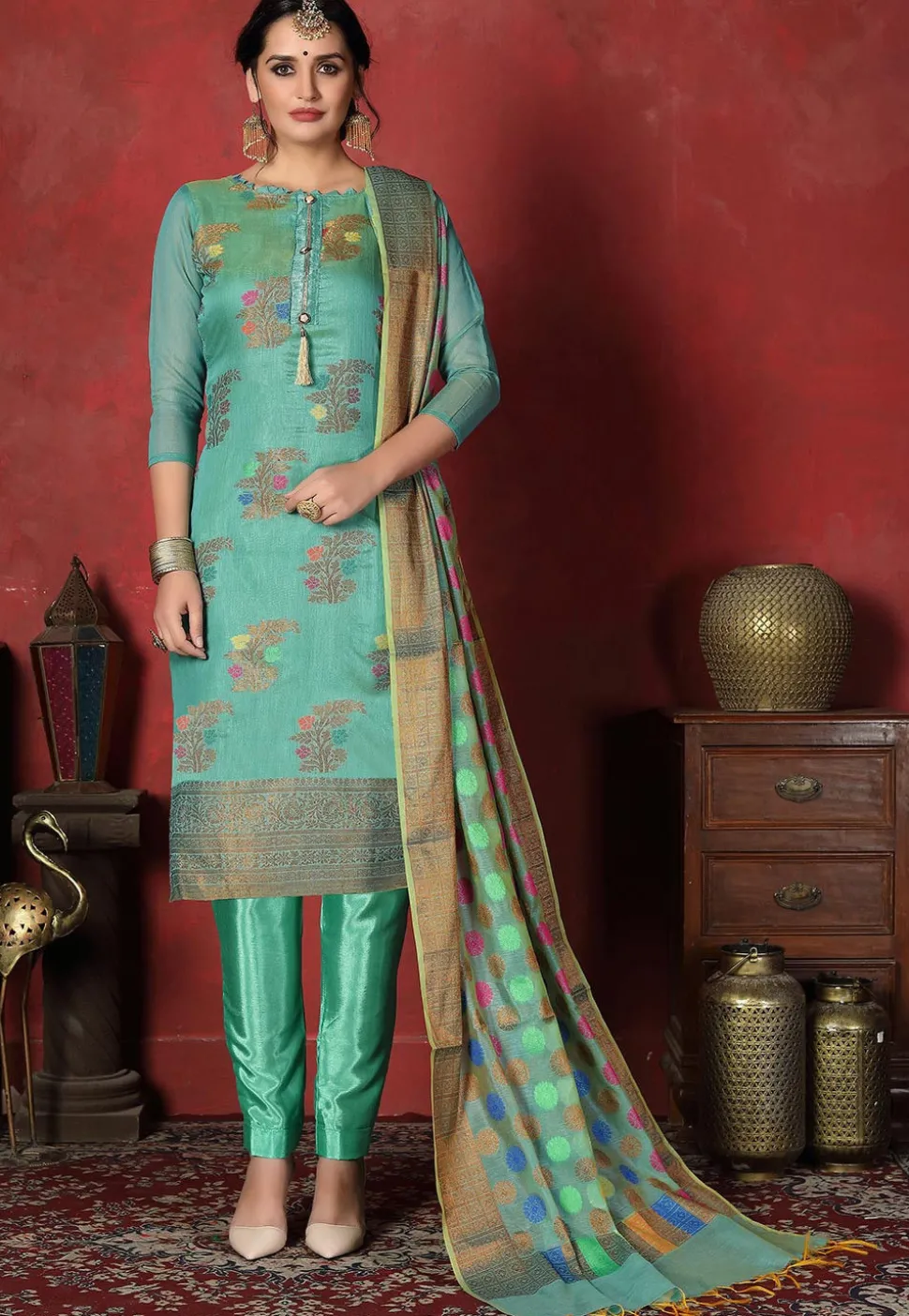 Woven Chanderi Silk Pakistani Suit in Turquoise