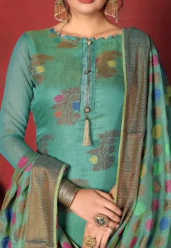 Woven Chanderi Silk  Pakistani Suit in Turquoise