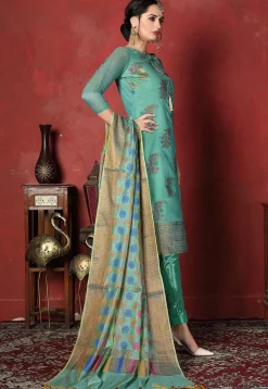 Woven Chanderi Silk Pakistani Suit in Turquoise