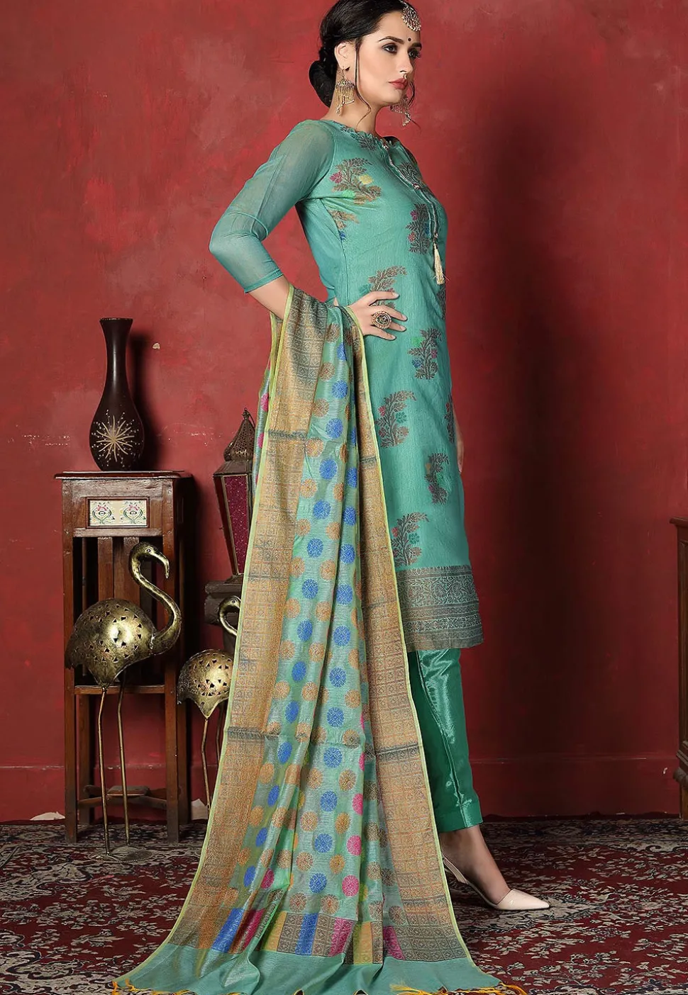 Woven Chanderi Silk Pakistani Suit in Turquoise