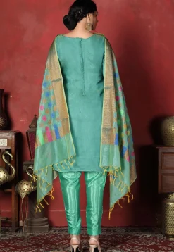 Woven Chanderi Silk Pakistani Suit in Turquoise