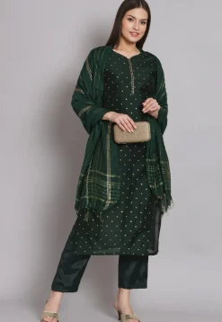 Woven Chanderi Silk Pakistani Suit in Dark Green