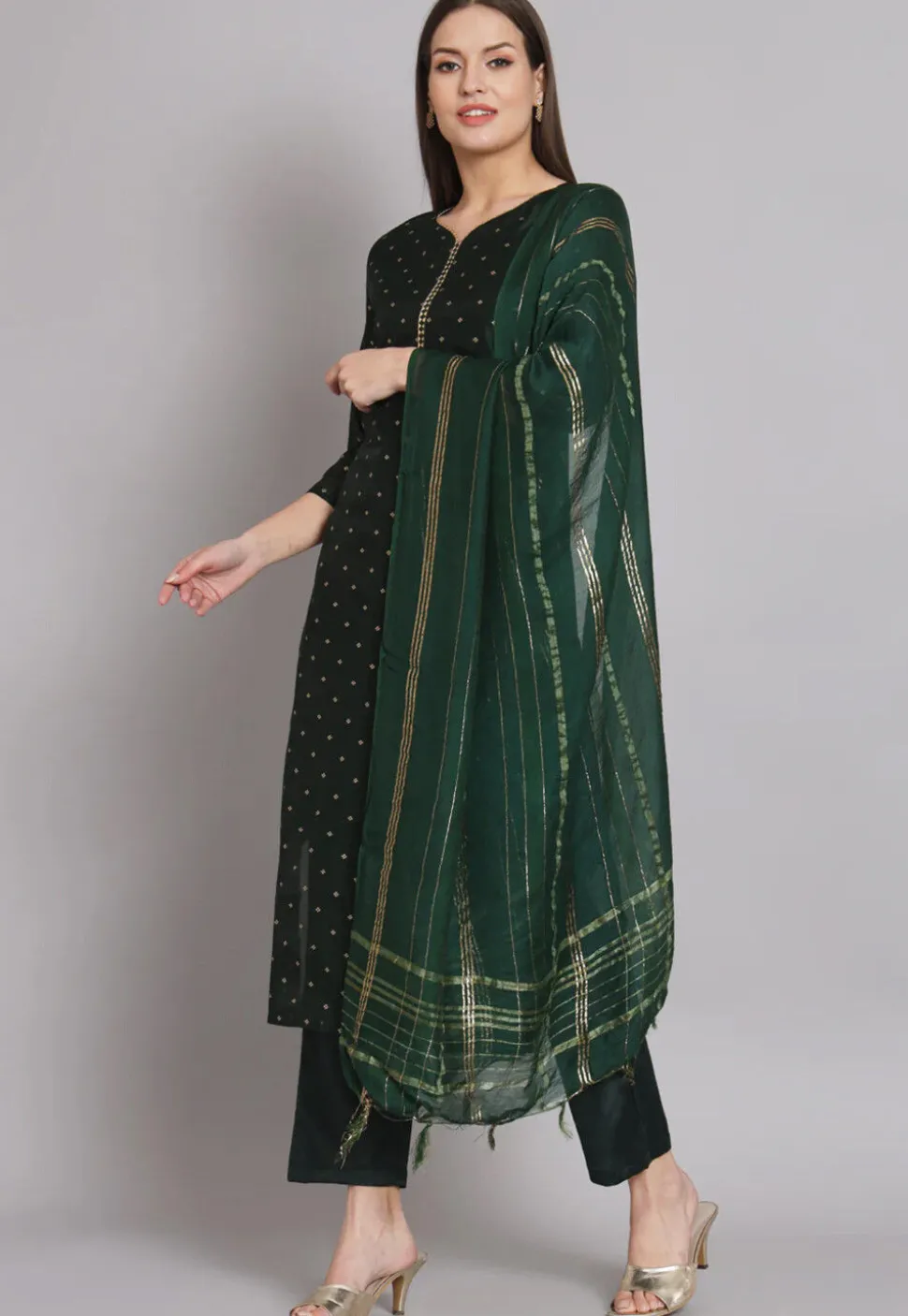Woven Chanderi Silk Pakistani Suit in Dark Green