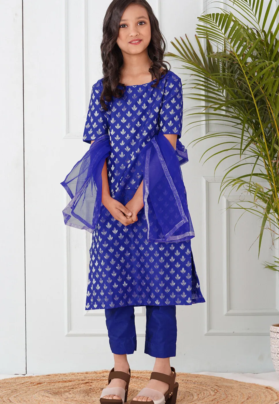 Woven Chanderi Silk Pakistani Suit in Royal Blue