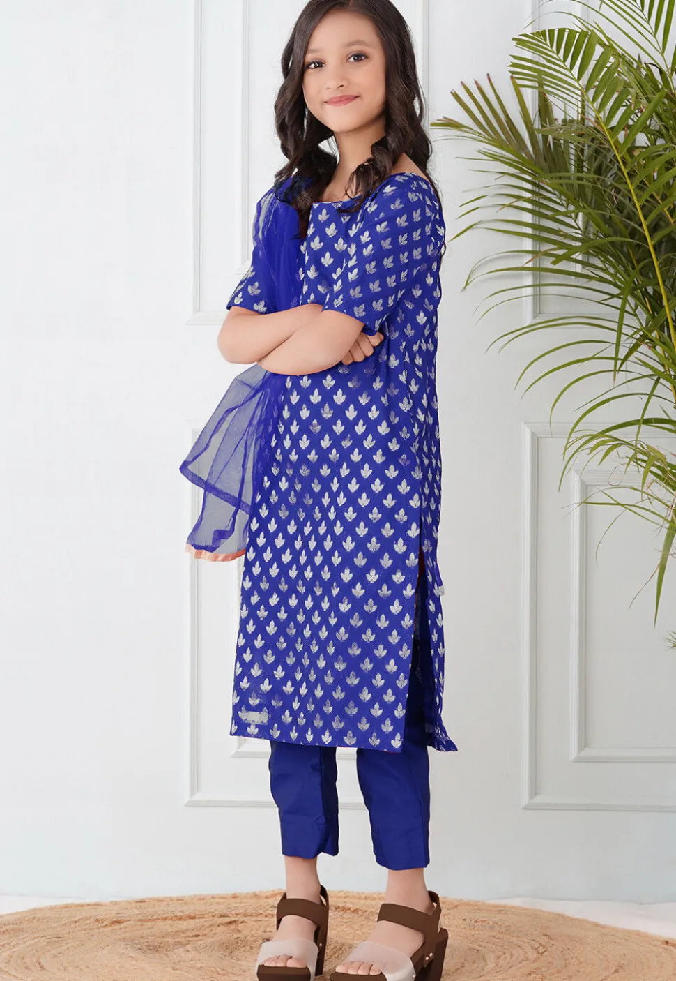 Woven Chanderi Silk Pakistani Suit in Royal Blue