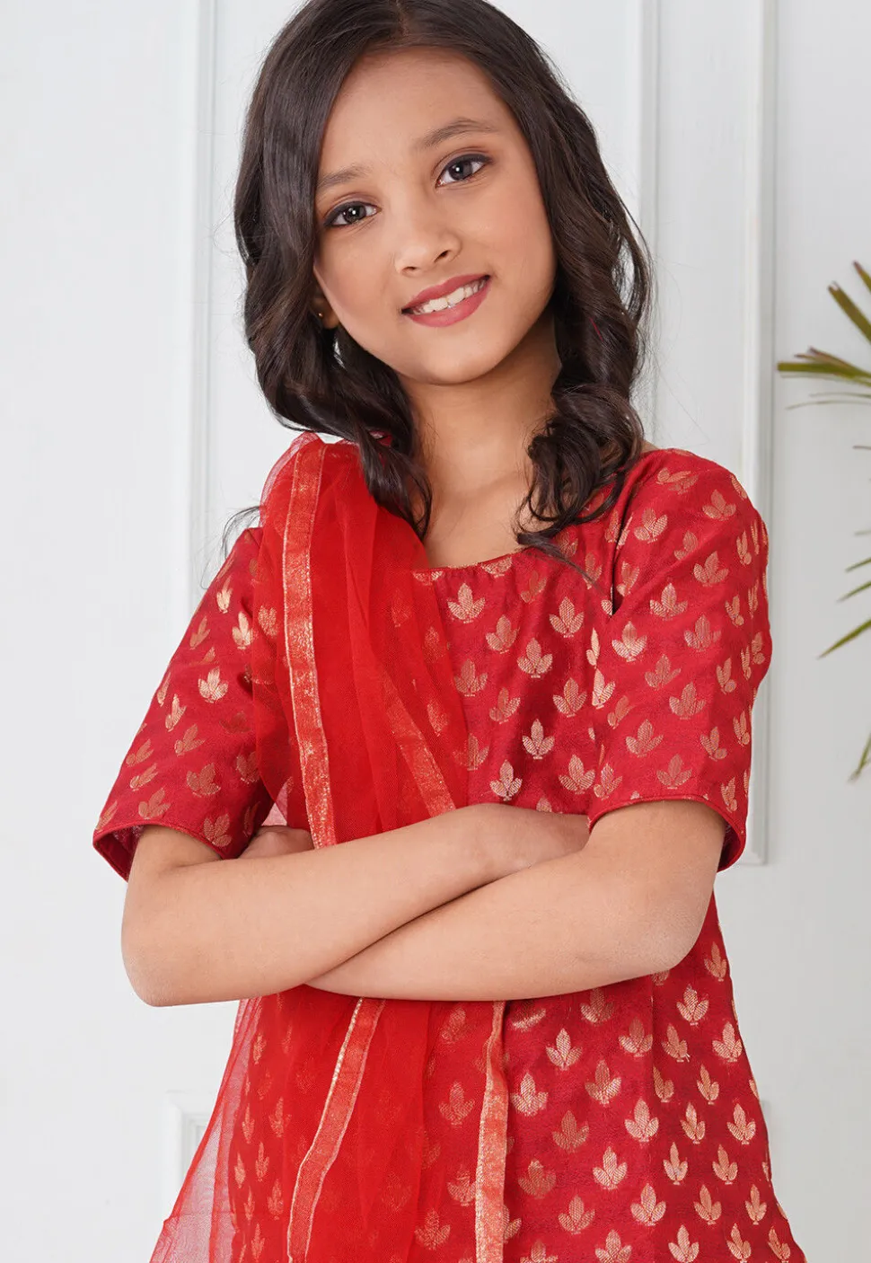 Woven Chanderi Silk Pakistani Suit in Maroon