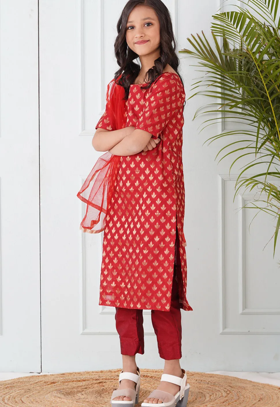 Woven Chanderi Silk Pakistani Suit in Maroon