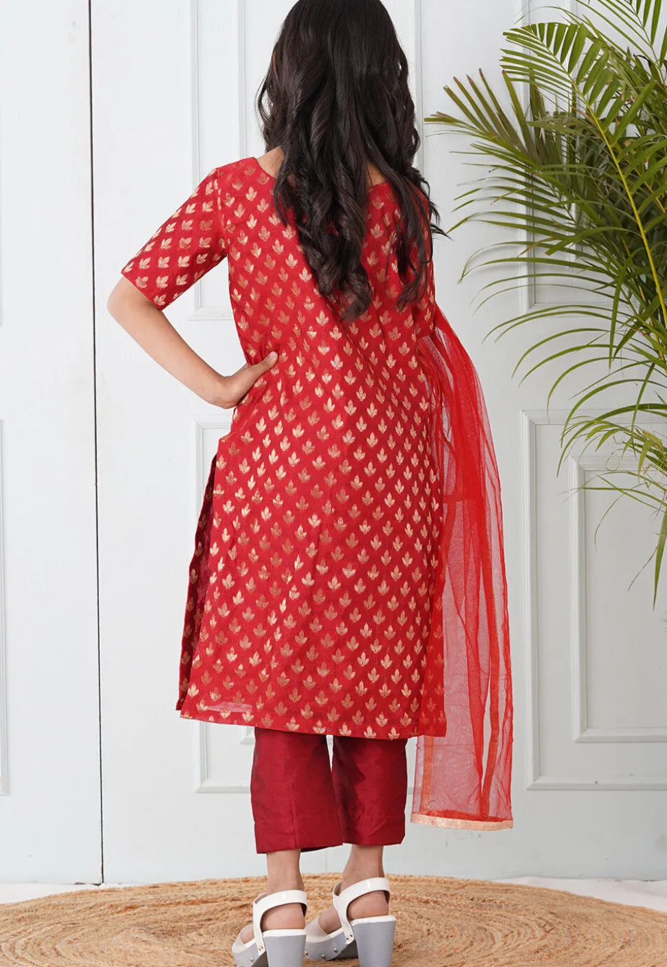 Woven Chanderi Silk Pakistani Suit in Maroon