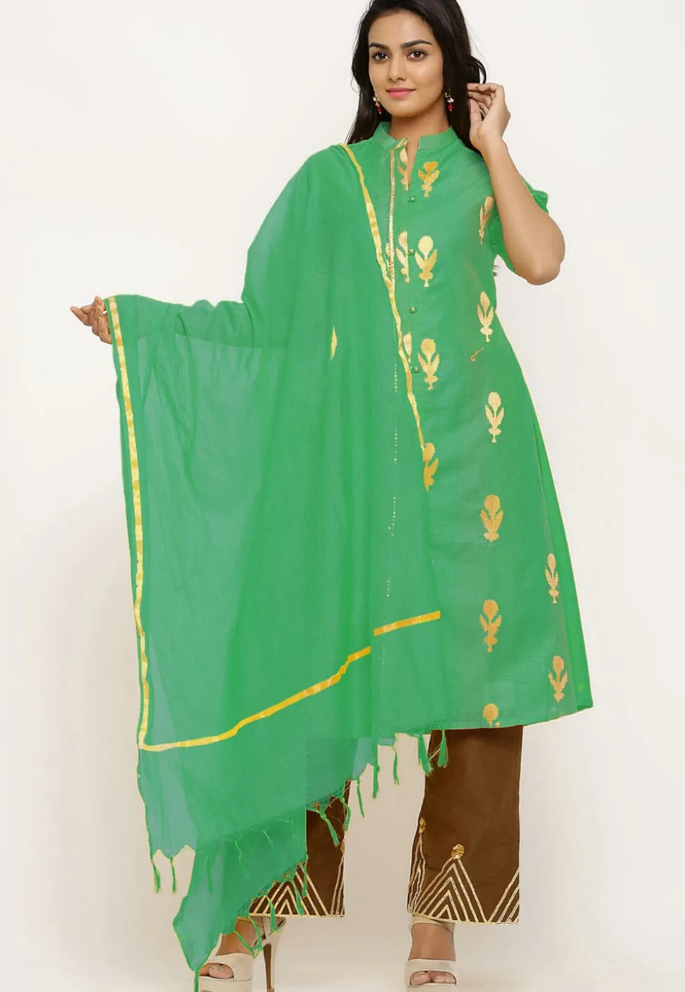 Woven Chanderi Silk Pakistani Suit in Shaded Sea Green