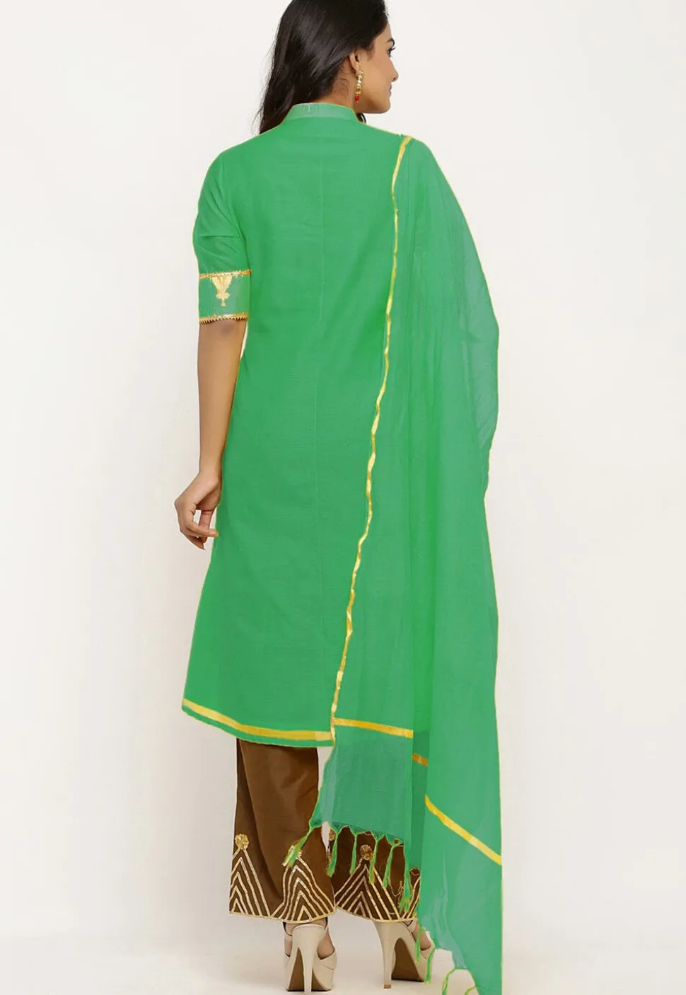 Woven Chanderi Silk Pakistani Suit in Shaded Sea Green
