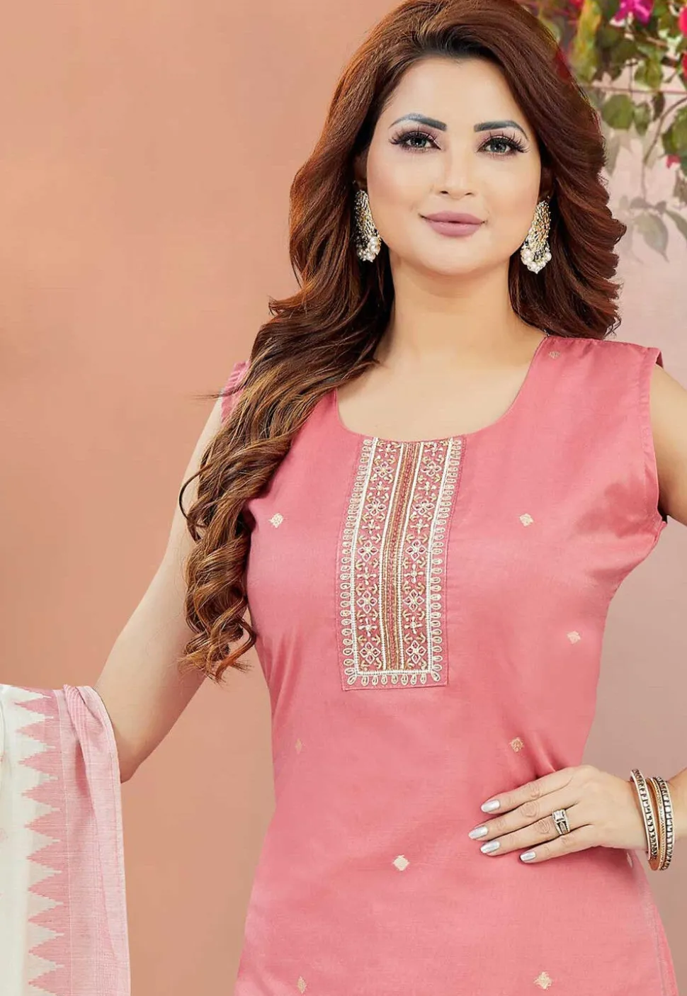 Woven Chanderi Silk Pakistani Suit in Pink