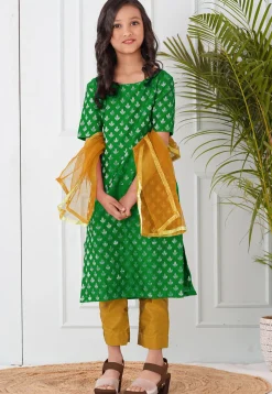 Woven Chanderi Silk Pakistani Suit in Green