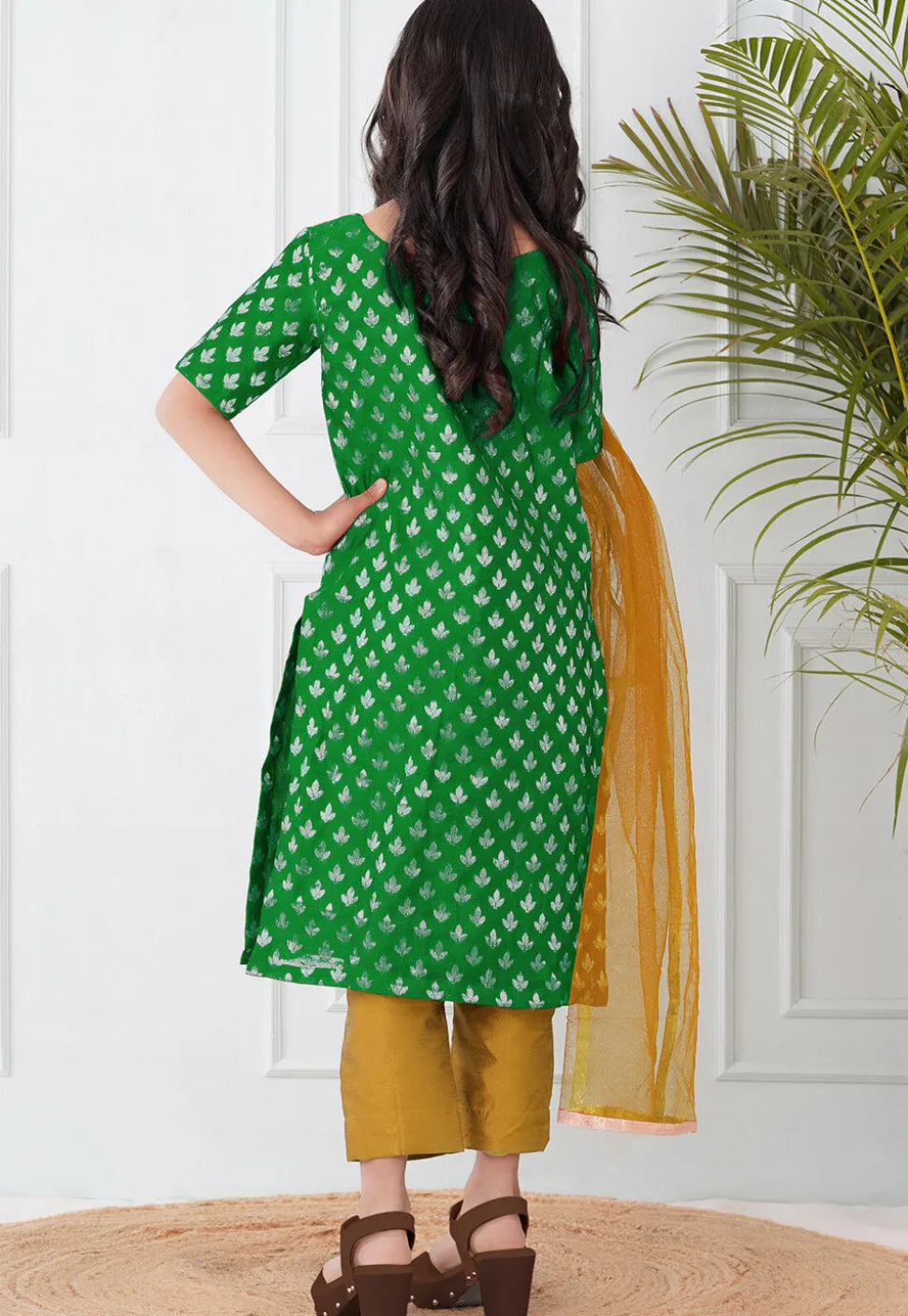 Woven Chanderi Silk Pakistani Suit in Green
