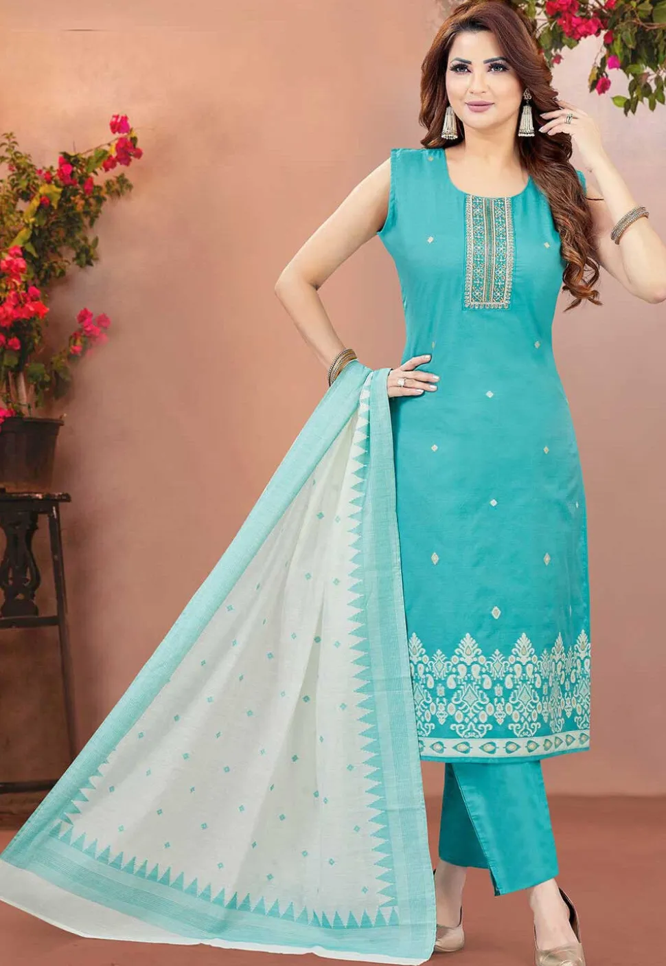 Woven Chanderi Silk Pakistani Suit in Teal Blue