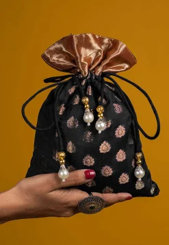 Woven Chanderi Silk Potli Bag in Black