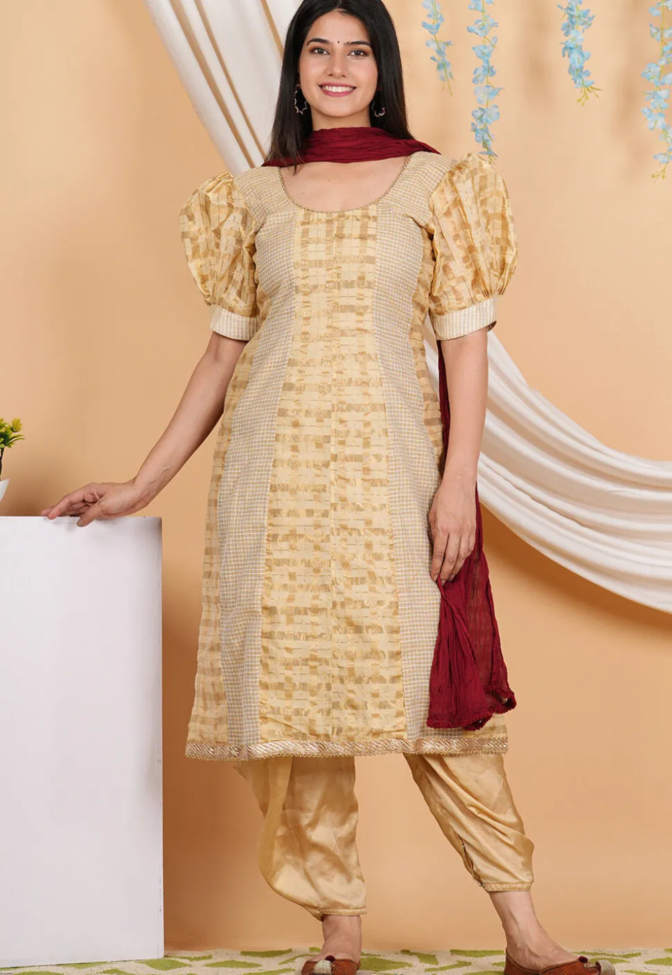 Woven Chanderi Silk Punjabi Suit in Beige