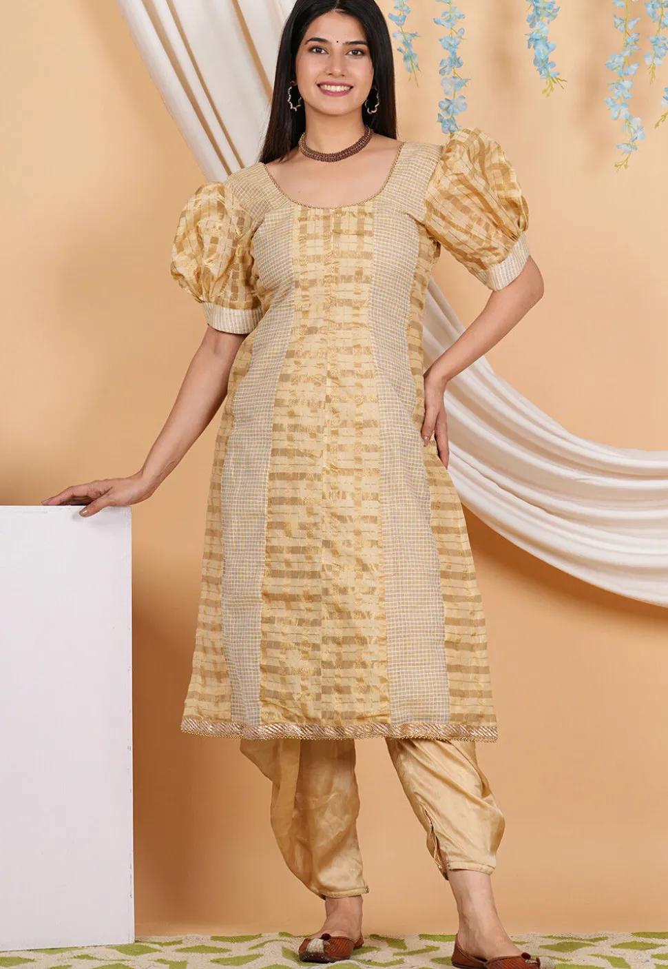 Woven Chanderi Silk Punjabi Suit in Beige