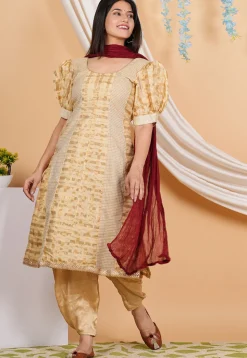 Woven Chanderi Silk Punjabi Suit in Beige