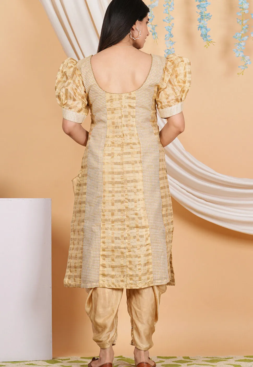 Woven Chanderi Silk Punjabi Suit in Beige