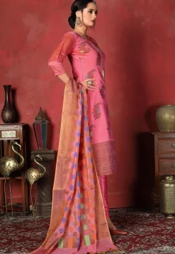 Woven Chanderi Silk  Straight Suit in Coral Pink