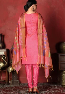 Woven Chanderi Silk  Straight Suit in Coral Pink