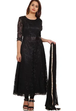 Woven Chantelle Net Anarkali Style Suit in Black