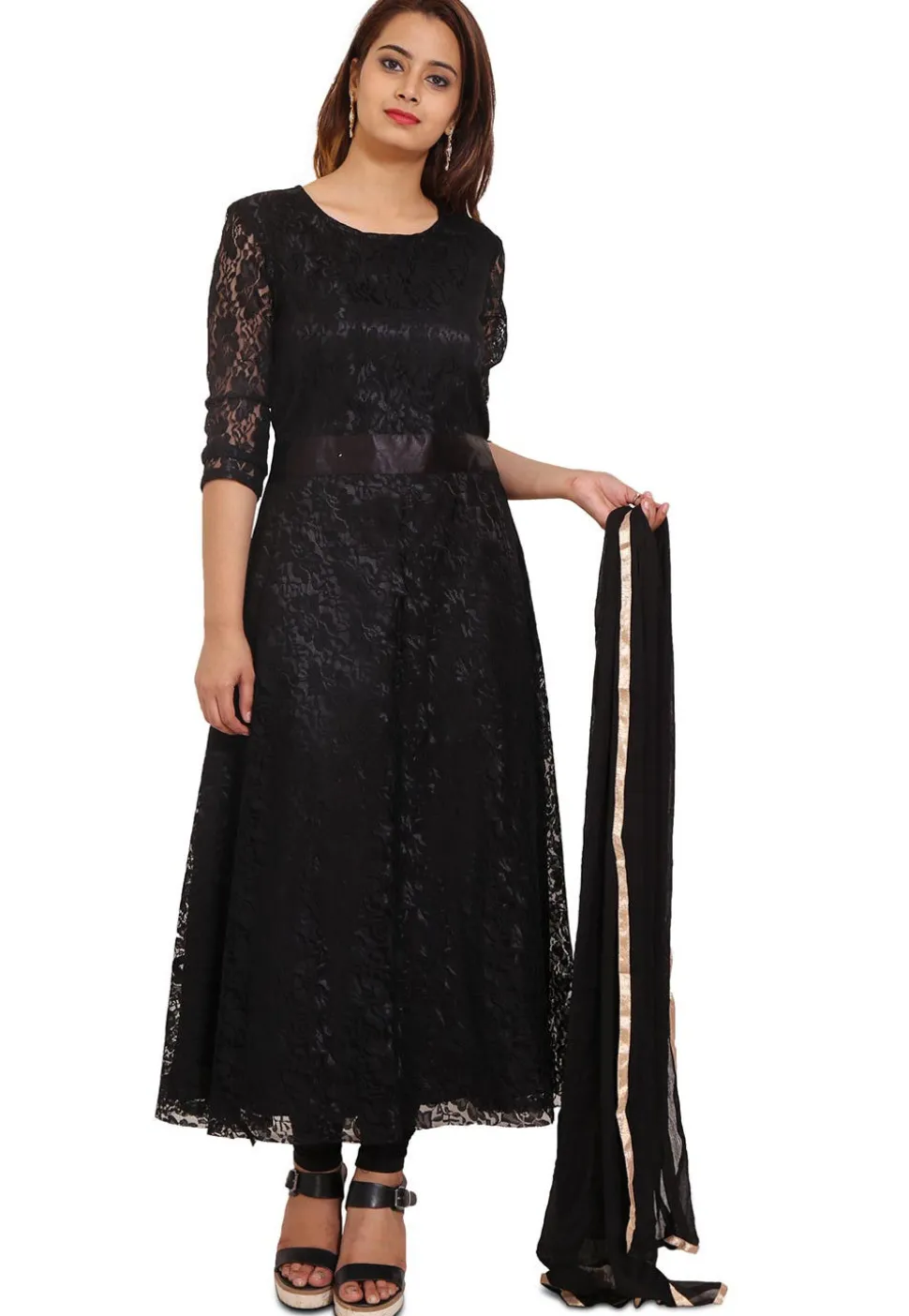 Woven Chantelle Net Anarkali Style Suit in Black