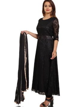 Woven Chantelle Net Anarkali Style Suit in Black
