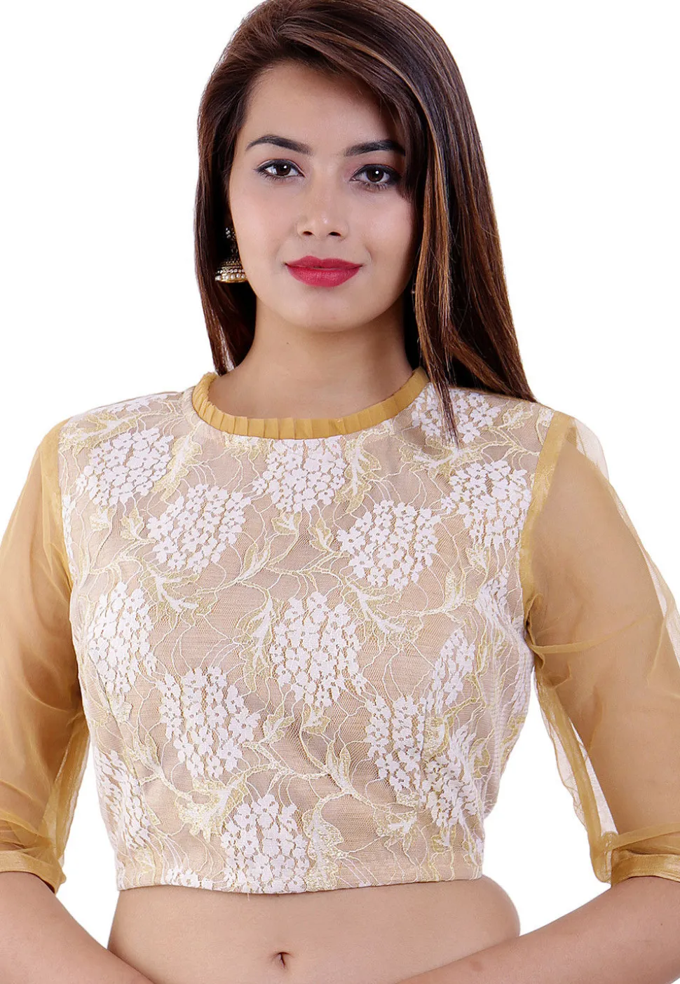 Woven Chantelle Net and Dupion Silk Padded Blouse in Beige