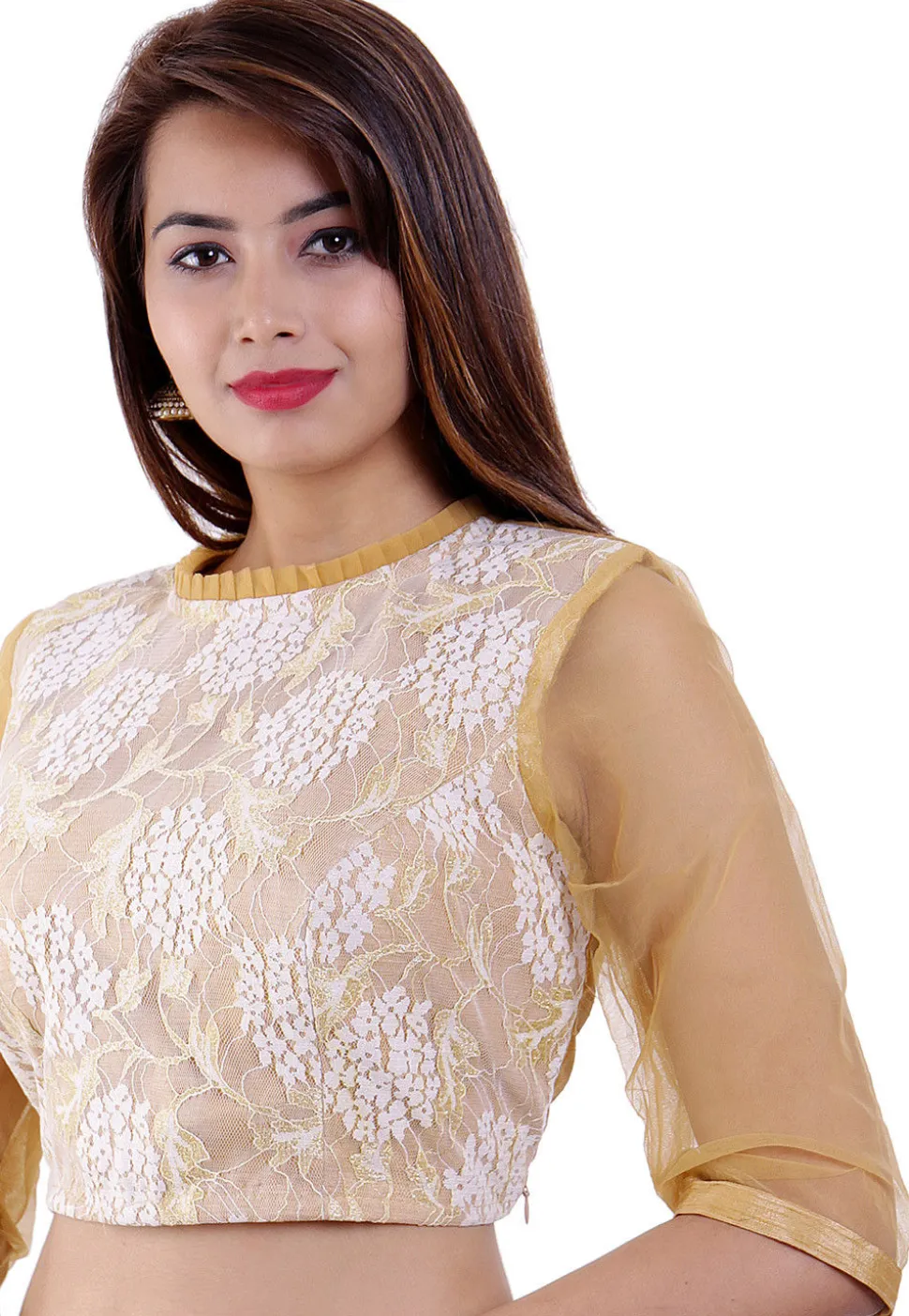 Woven Chantelle Net and Dupion Silk Padded Blouse in Beige