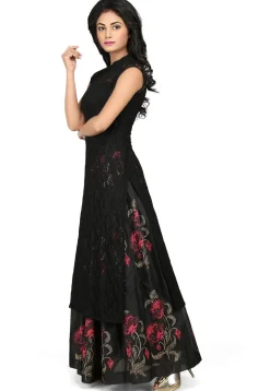 Woven Chantelle Net Long Kurta in Black