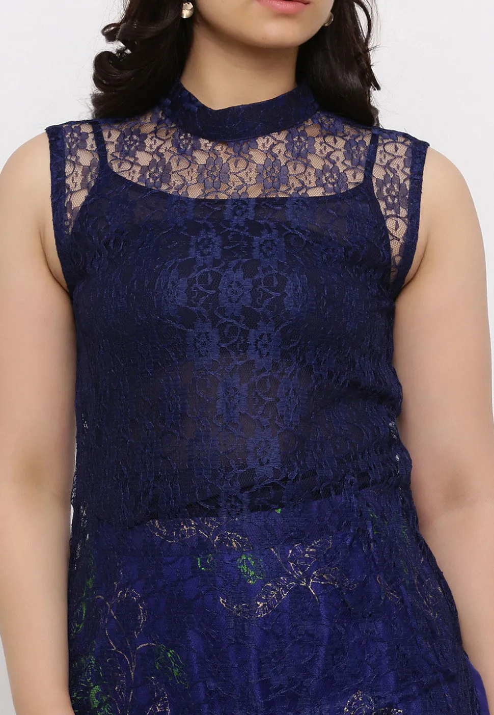 Woven Chantelle Net Straight Kurta in Navy Blue