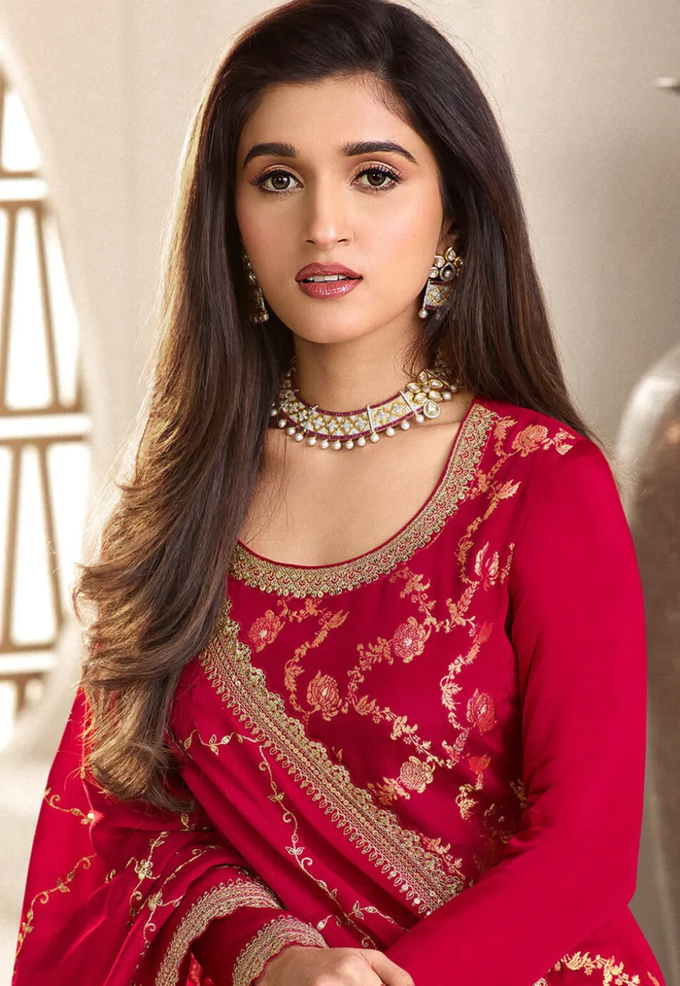 Woven Chinon Chiffon Jacquard Pakistani Suit in Red