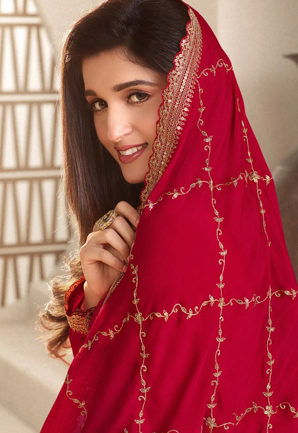 Woven Chinon Chiffon Jacquard Pakistani Suit in Red