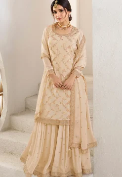Woven Chinon Chiffon Pakistani Suit in Beige