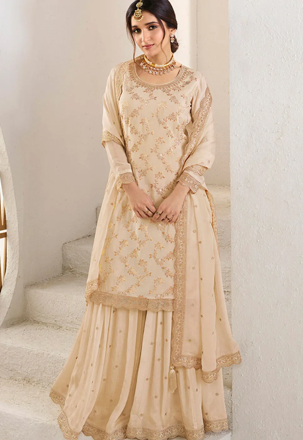 Woven Chinon Chiffon Pakistani Suit in Beige