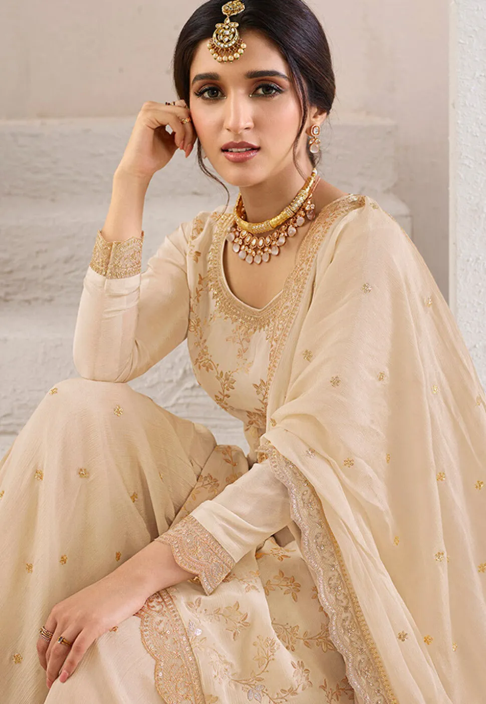 Woven Chinon Chiffon Pakistani Suit in Beige