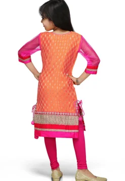 Woven Chinon Crepe Kurta Set in Peach