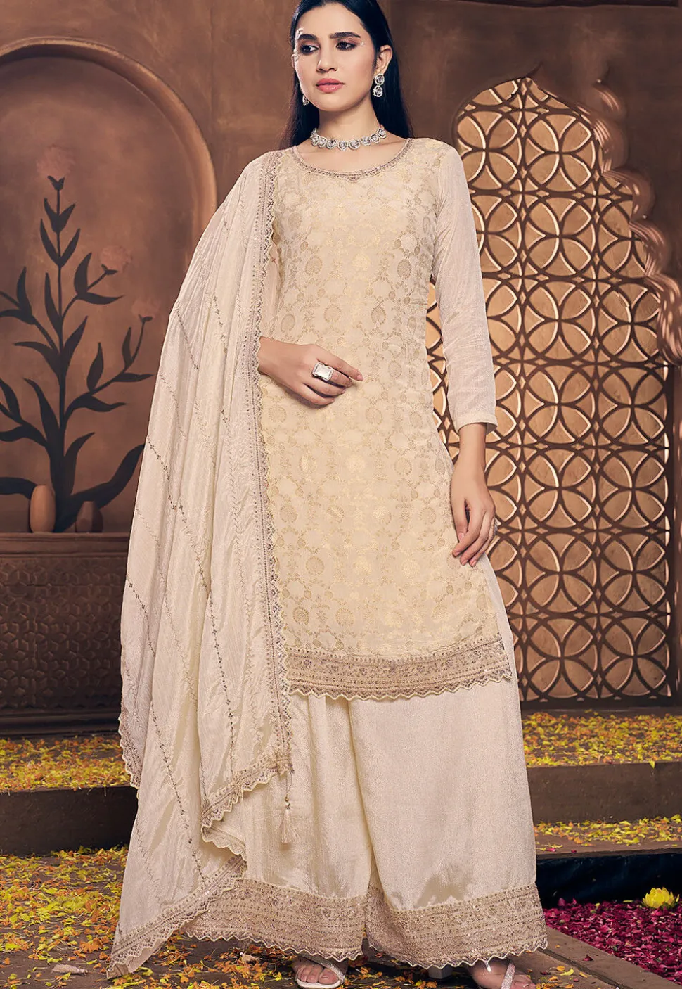 Woven Chinon Silk Jacquard Pakistani Suit in Cream