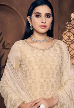 Woven Chinon Silk Jacquard Pakistani Suit in Cream