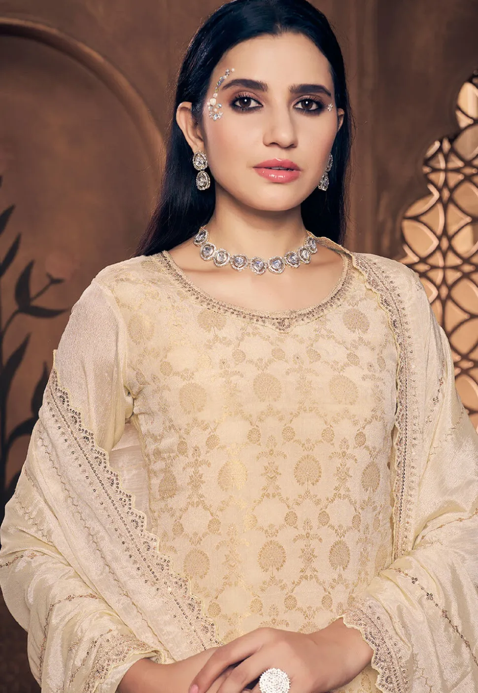 Woven Chinon Silk Jacquard Pakistani Suit in Cream
