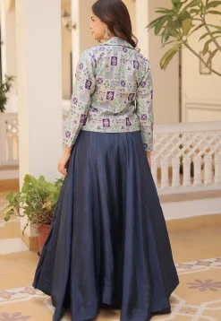 Woven Chinon Silk Lehenga in Navy Blue