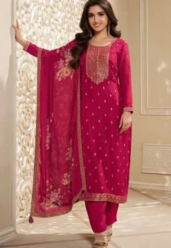 Woven Chinon Silk Pakistani Suit in Fuchsia