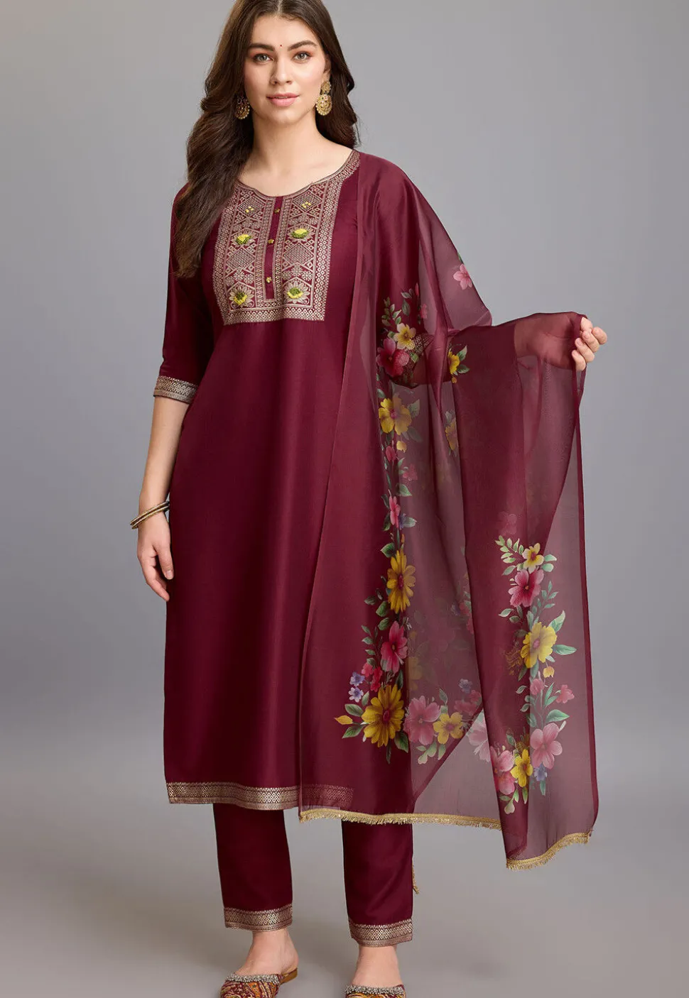 Woven Chinon Silk Pakistani Suit in Maroon