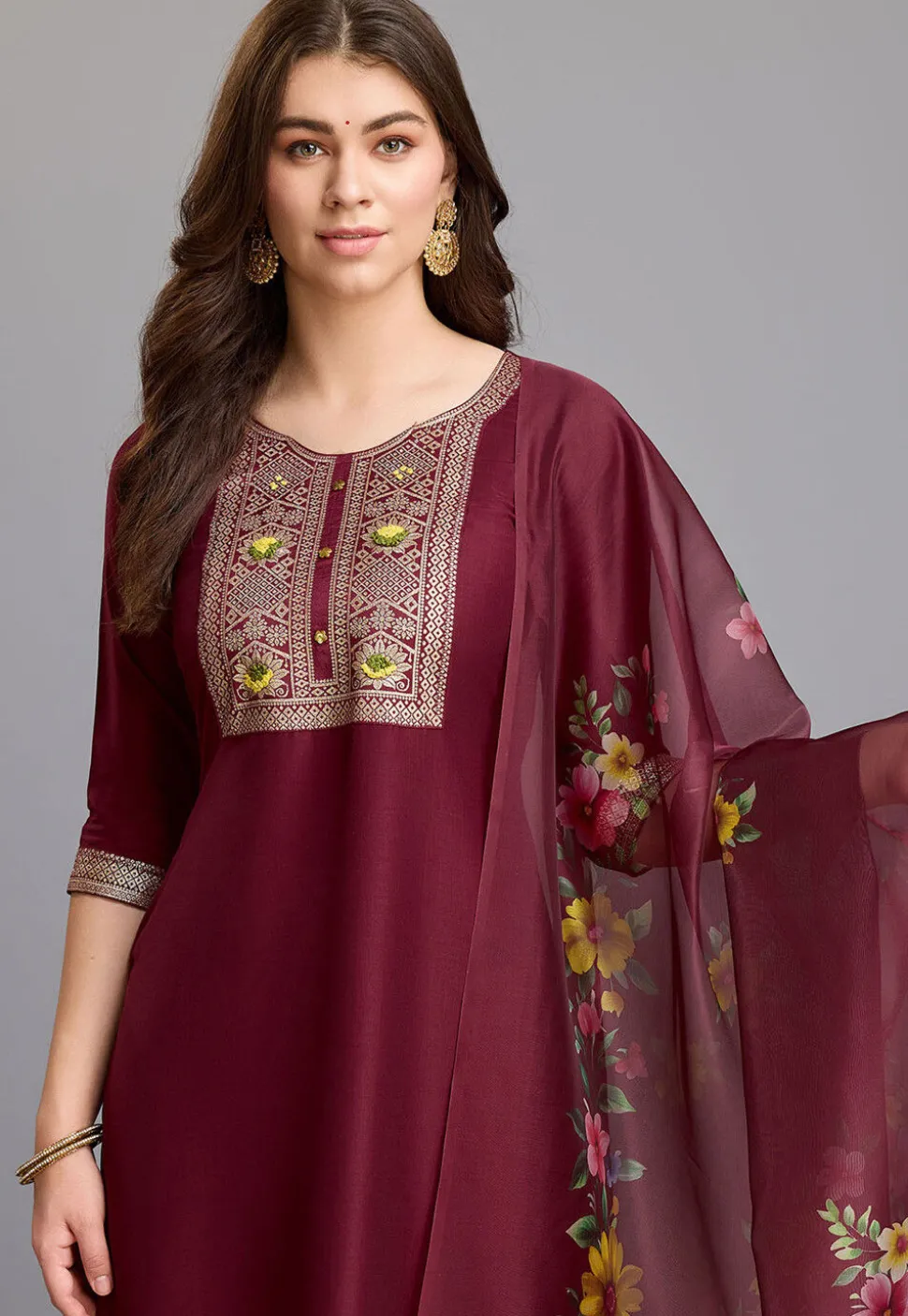 Woven Chinon Silk Pakistani Suit in Maroon